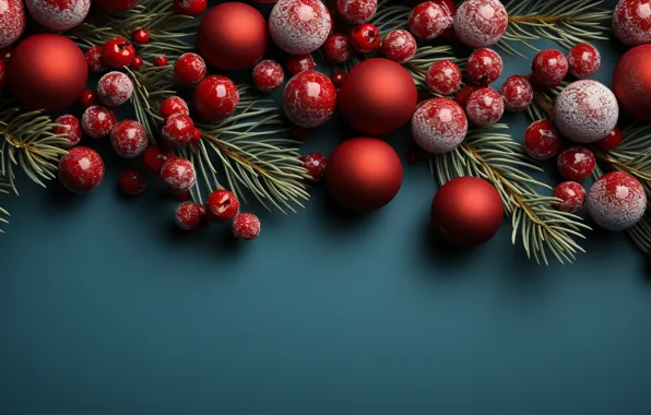 Картинка ягоды, фон, шары, Новый Год, Рождество, red, new year, happy