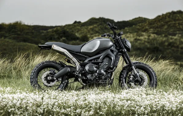 Трава, горы, тюнинг, мотоцикл, Yamaha, black, колёса, custom