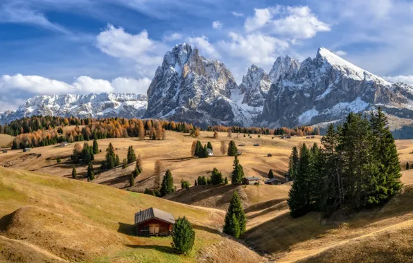 Картинка Альпы, горы, Италия, домик, Альпе-ди-Сьюзи, осень