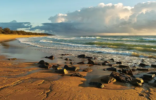 Картинка волны, камни, ветер, берег, горизонт, австралия