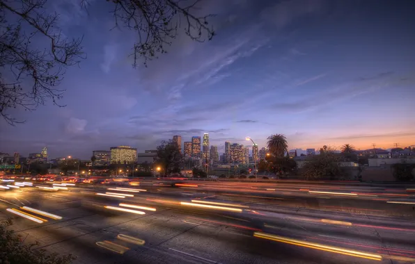 Картинка lights, sunset, калифорния, Los Angeles, California, лос-анджелес, Downtown LA