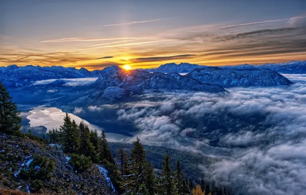 Облака, деревья, горы, озеро, восход, рассвет, утро, Австрия