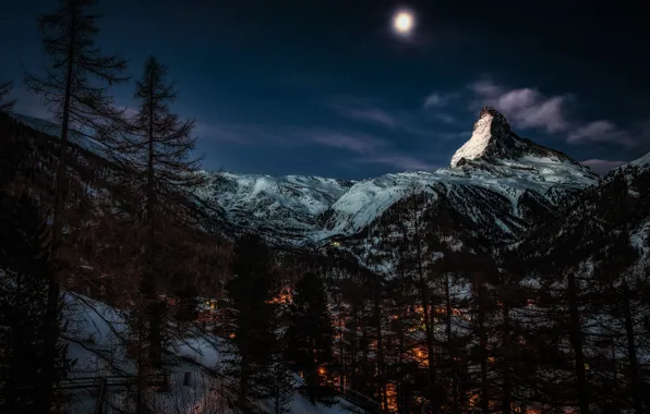 Картинка зима, лес, деревья, горы, ночь, луна