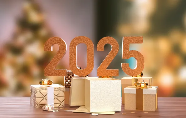 Цифры, подарки, Новый год, коробки, дата, боке, размытый фон, 2025