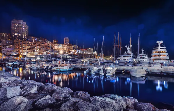 Картинка здания, дома, яхты, ночной город, катера, Monaco, гавань, Монако