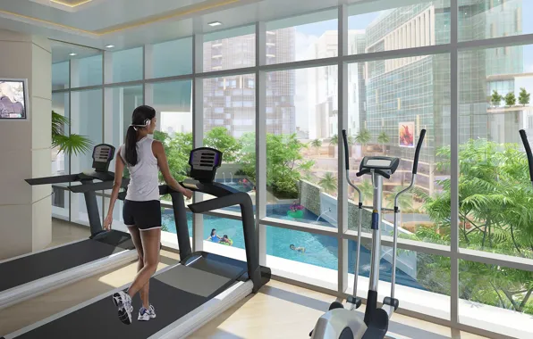 Девушка, бег, тренажеры, fitness