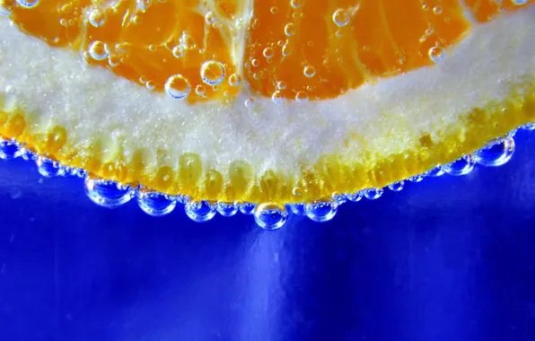 Картинка вода, пузырьки, апельсин, долька, воздух