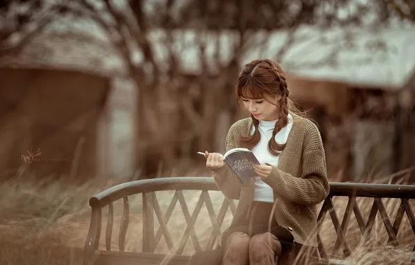 Картинка девушка, книга, азиатка, сидит, читает