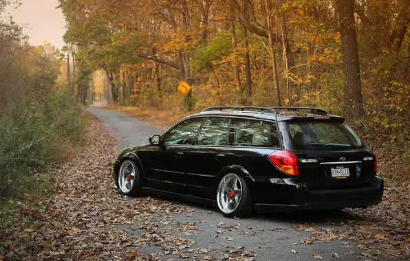 Картинка осень, листва, Subaru, профиль, black, субару, stance, Outback