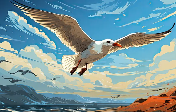 Облака, полет, крылья, цифровое искусство, ИИ-арт, НЕЙРОСЕТЬ, чайка, искусство искусственного интеллекта