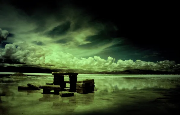 Облака, озеро, Dark Harmony, каменные плиты
