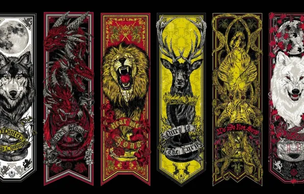 Moon, crow, lion, wolf, dragon, A Song of Ice and Fire, Game of Thrones, Winterfell