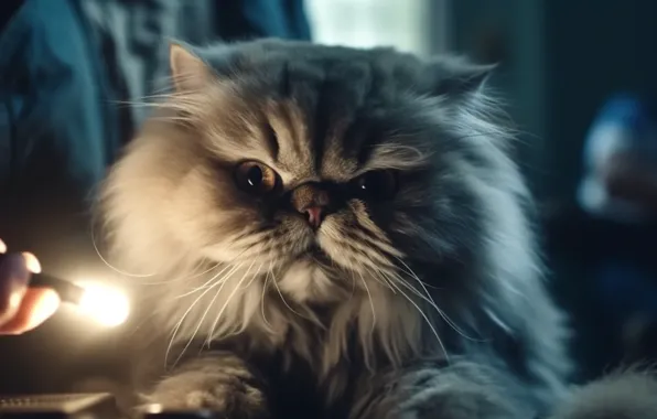 Кошка, белый, кот, взгляд, лампочка, свет, игра, рука