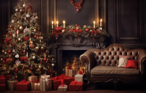 Украшения, диван, шары, елка, Новый Год, Рождество, подарки, new year