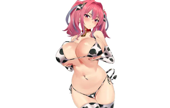 Girl, sexy, cleavage, thighhighs, pink hair, long hair, boobs, anime
