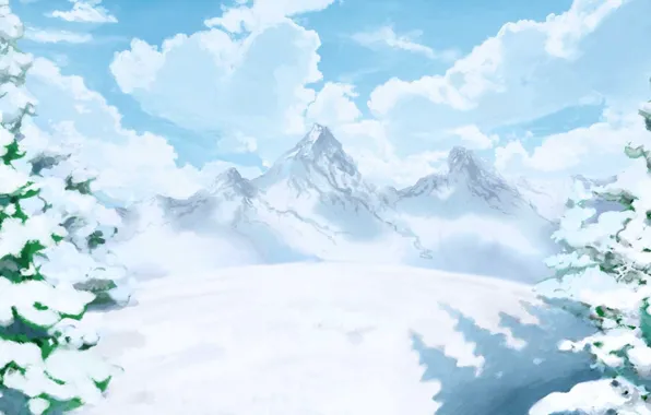 Картинка зима, облака, снег, деревья, горы, арт