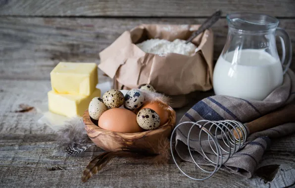 Стол, яйцо, масло, молоко, выпечка, background, мука, Baking