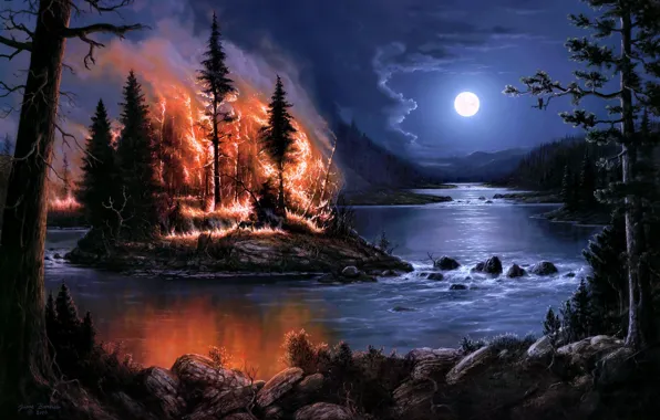Картинка лес, деревья, ночь, река, пожар, огонь, луна, остров