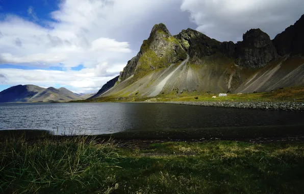 Картинка Облака, озера, Горы, Исландия, Mountains, Iceland, Vestrahorn, Простор