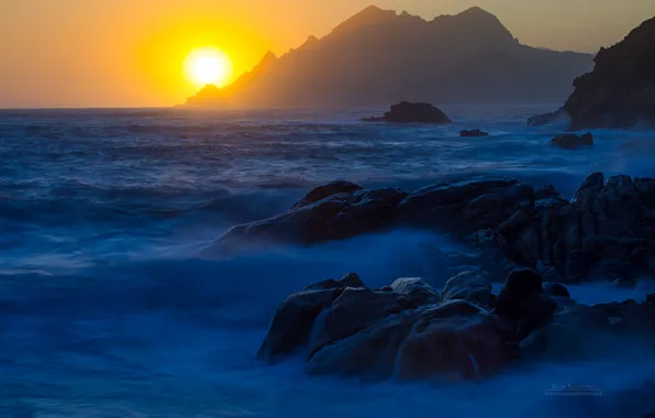 Ocean, sunset, rocks