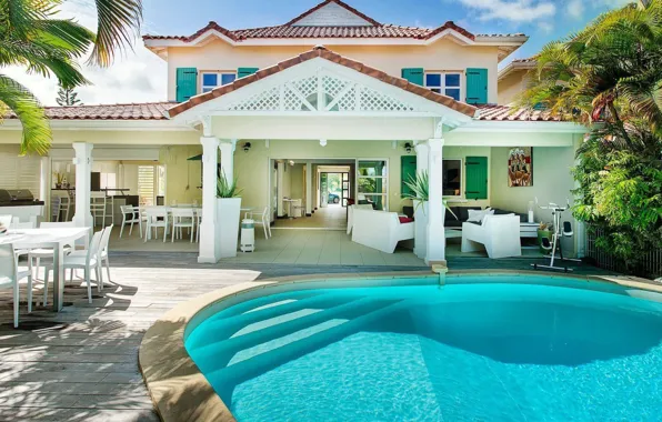 Вилла, бассейн, архитектура, терраса, outdore-indore villa, Prestige Villa, Guadeloupe Islands