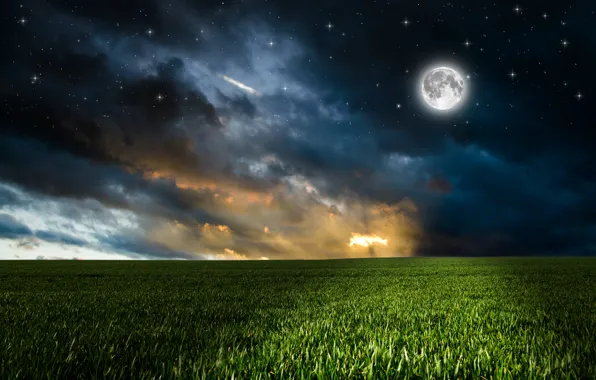 Картинка зелень, поле, небо, трава, облака, ночь, луна, фотошоп