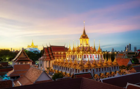 Картинка закат, Таиланд, храм, Бангкок, Thailand, архитектура, дворец, Bangkok