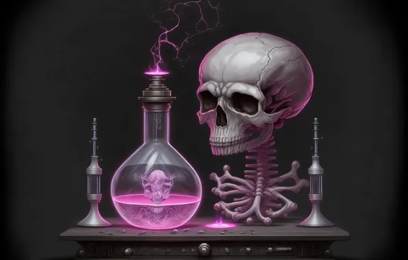 Череп, кости, черный фон, дымок, digital art, колба, цифровое искусство, ИИ арт