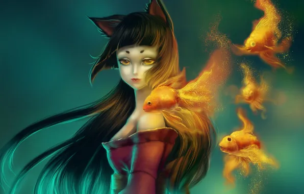 Картинка девушка, рыбки, рыбы, арт, искры, золотые