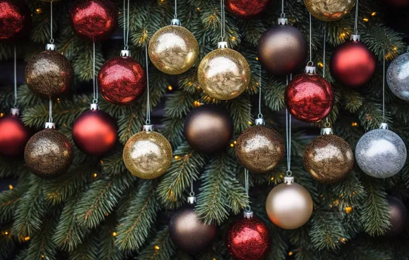 Картинка фон, шары, елка, Новый Год, Рождество, red, golden, new year