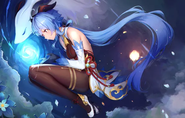 Небо, девушка, цветы, отражение, магия, лепестки, фэнтези, Genshin Impact