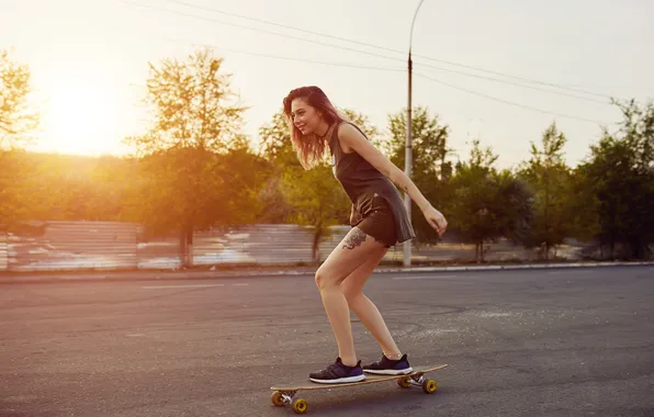 Girl, shorts, beautiful, model, tattoo, skateboard
