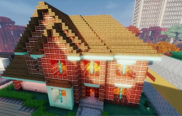 Небо, деревья, город, дом, стена, здание, день, Minecraft