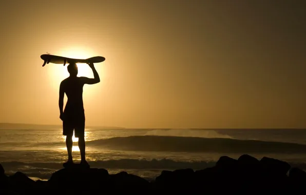 Картинка солнце, океан, вечер, парень, удовольствие, сёрфинг, катание