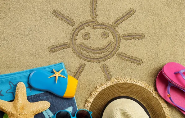 Картинка пляж, лето, отдых, шляпа, очки, summer, beach, каникулы