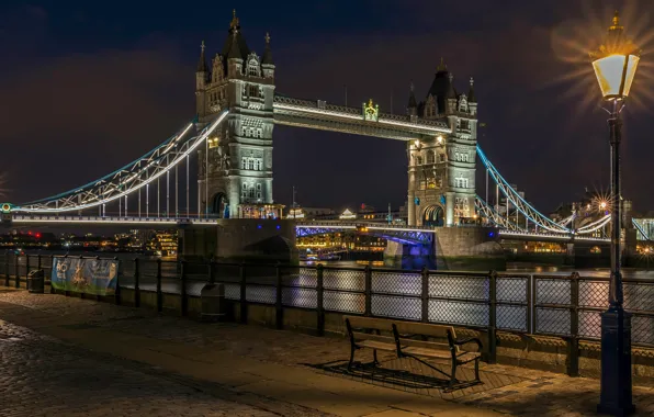 Картинка ночь, мост, огни, река, Англия, Лондон, фонарь, Тауэрский мост