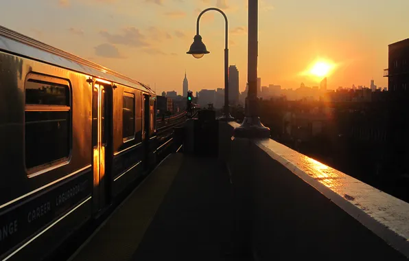 Картинка city, summer, sunset, new york, train, nyc