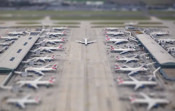 Airplane, tilt-shift, diorama, Heathrow, illusion, terminal