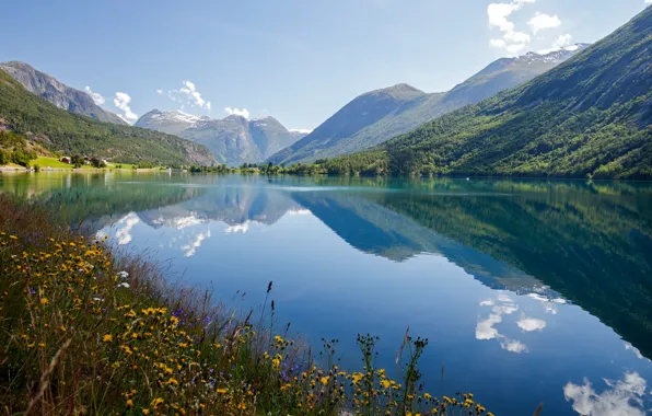 Лето, небо, облака, горы, озеро, отражение, спокойствие, Норвегия