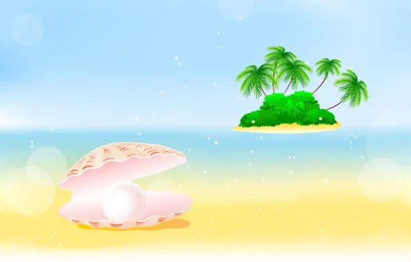 Картинка море, пальмы, остров, ракушка, кусты, pearl, bushes, palm trees