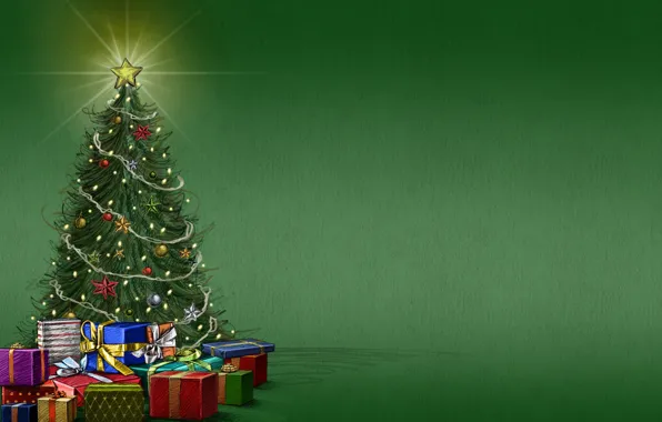Картинка фон, настроение, праздник, звезда, елка, подарки
