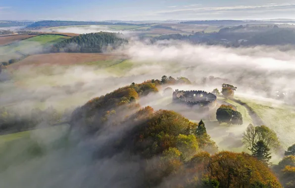 Morning, fog, England, castle, ancient, Cornwall, Restormel Castle