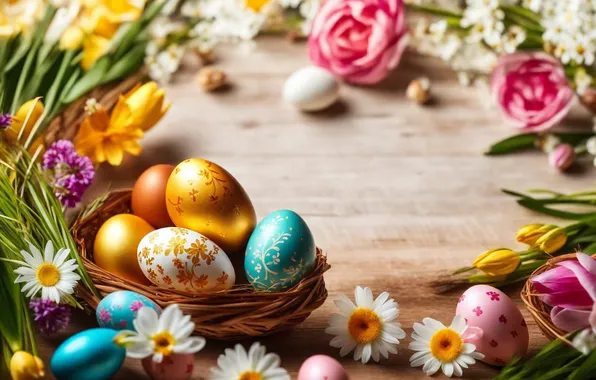 Картинка цветы, яйца, весна, colorful, Пасха, happy, flowers, spring