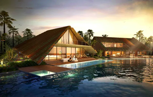Пальмы, вилла, вечер, бассейн, освещение, Thailand, архитектура, курорт