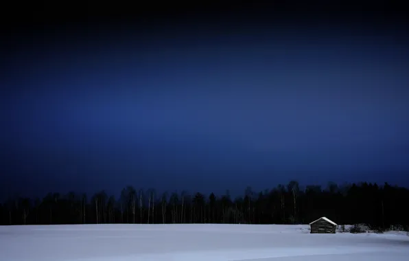 Картинка зима, снег, деревья, ночь, домик, Финляндия