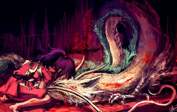 Картинка дракон, аниме, мальчик, арт, девочка, Хаяо Миядзаки, унесенные призраками, тихиро