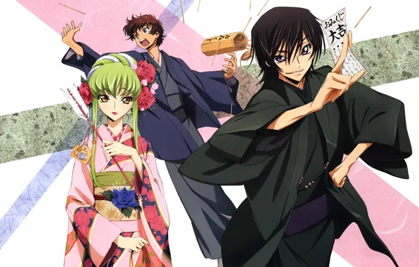 Игра, палочки, стрела, кимоно, трое, code geass, код гиас, c.c.
