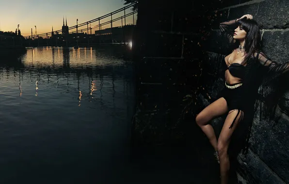 Lingerie, fashion, bridge, bricks, night, stones, pose, canal