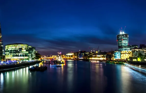 Картинка река, Англия, Лондон, панорама, Великобритания, Темза, ночной город, набережная