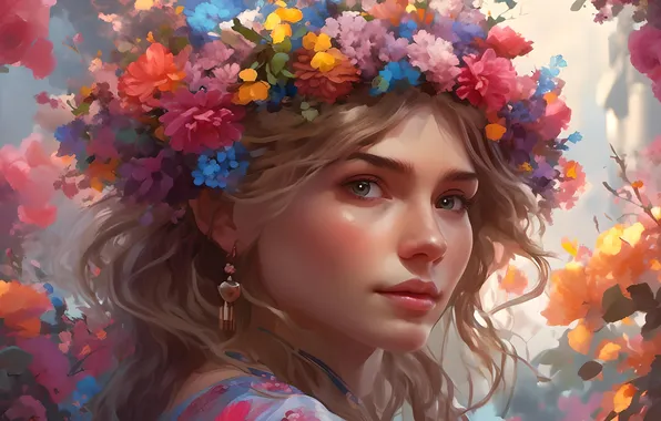 Взгляд, девушка, цветы, рисунок, портрет, картина, серьги, блондинка